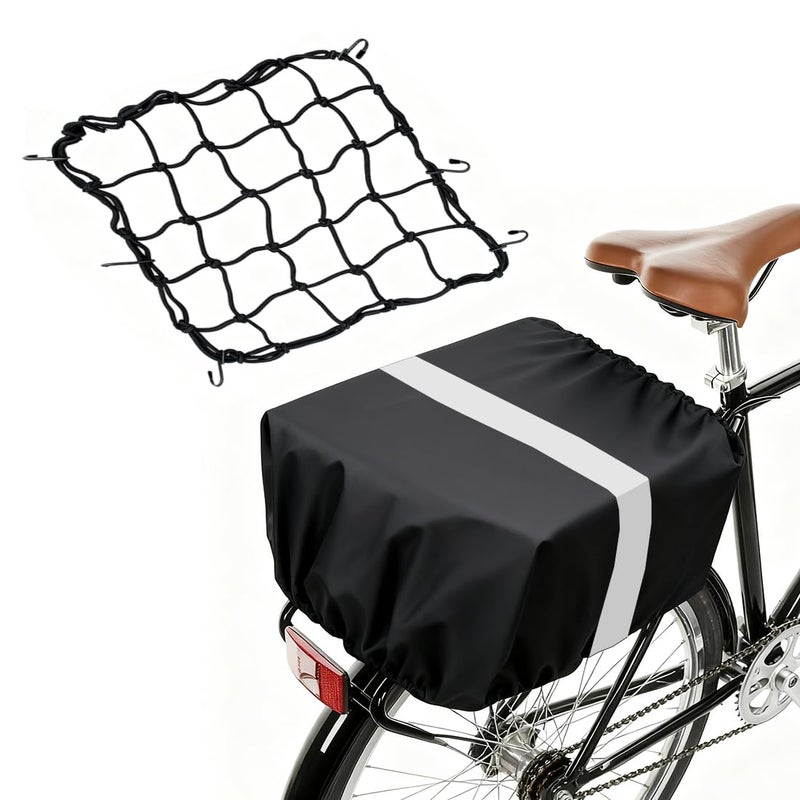 MATTISAM Waterproof Bike Basket Rain Cover and Bungee Cargo Net - Elastic Bicycle Basket Liner with Reflective Strip, Fits Most Bikes (Black, Large-80L) - Image 1